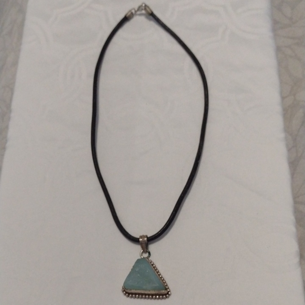 Handcrafted Blue Triangle Pendant Necklace - Leather Cord